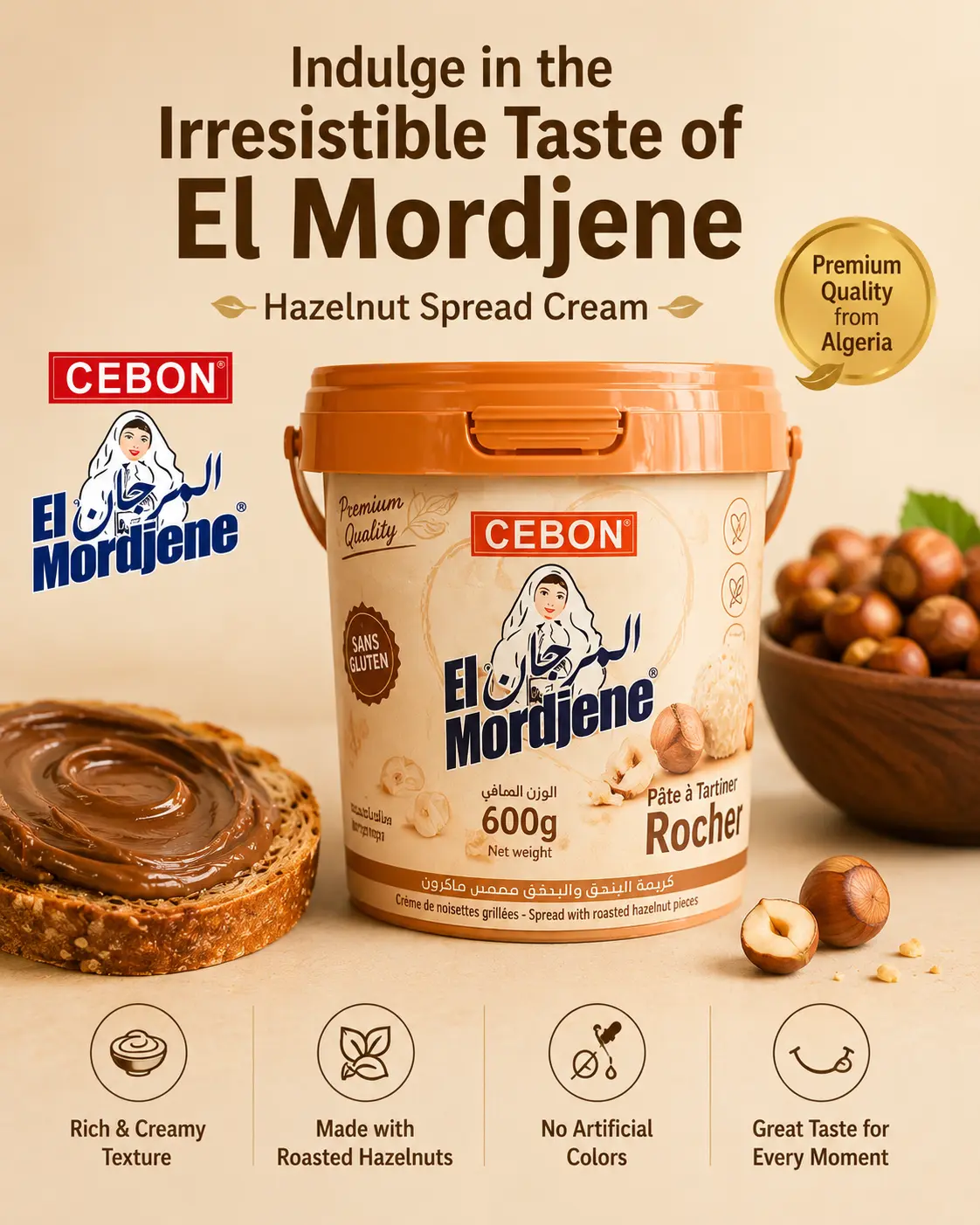CEBON Hazelnut-Rich Cream Rocher Spread (600g) - Palm Oil-Free, Sweet, Vanillin-Infused, Ambient Use, Roasted Nut Crunch, Versatile Pantry Preserve for Youth Tartines, Snacks, Room Temp