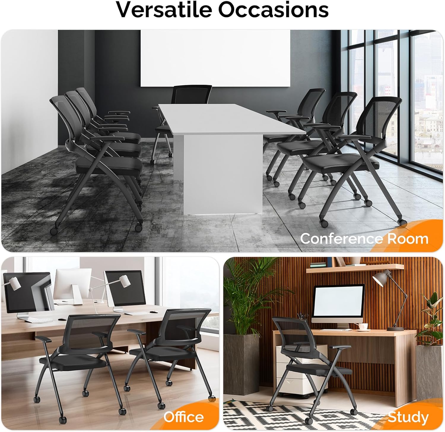 Ubesgoo Ergonomic Folding Office Chair with Thick Cushion, Comfortable Foldable Office Chair with Arms & Wheels for Office Meetings, Conference, Training Room