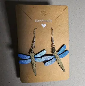 180) Blue Wooden Dragonfly Earrings