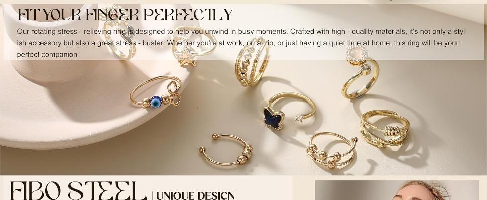 9Pcs Gold Plate Fidget Spinner Rings for Anxiety & Nail Biting Adjustable Open Ring Set Women Stress Relief Cute Jewelry Gift SpringStatements 9Pcs Gold Plate Fidget Spinner Rings for Anxiety & Nail Biting Adjustable Open Ring Set Women Stress Relief Cute Jewelry Gift SpringStatements