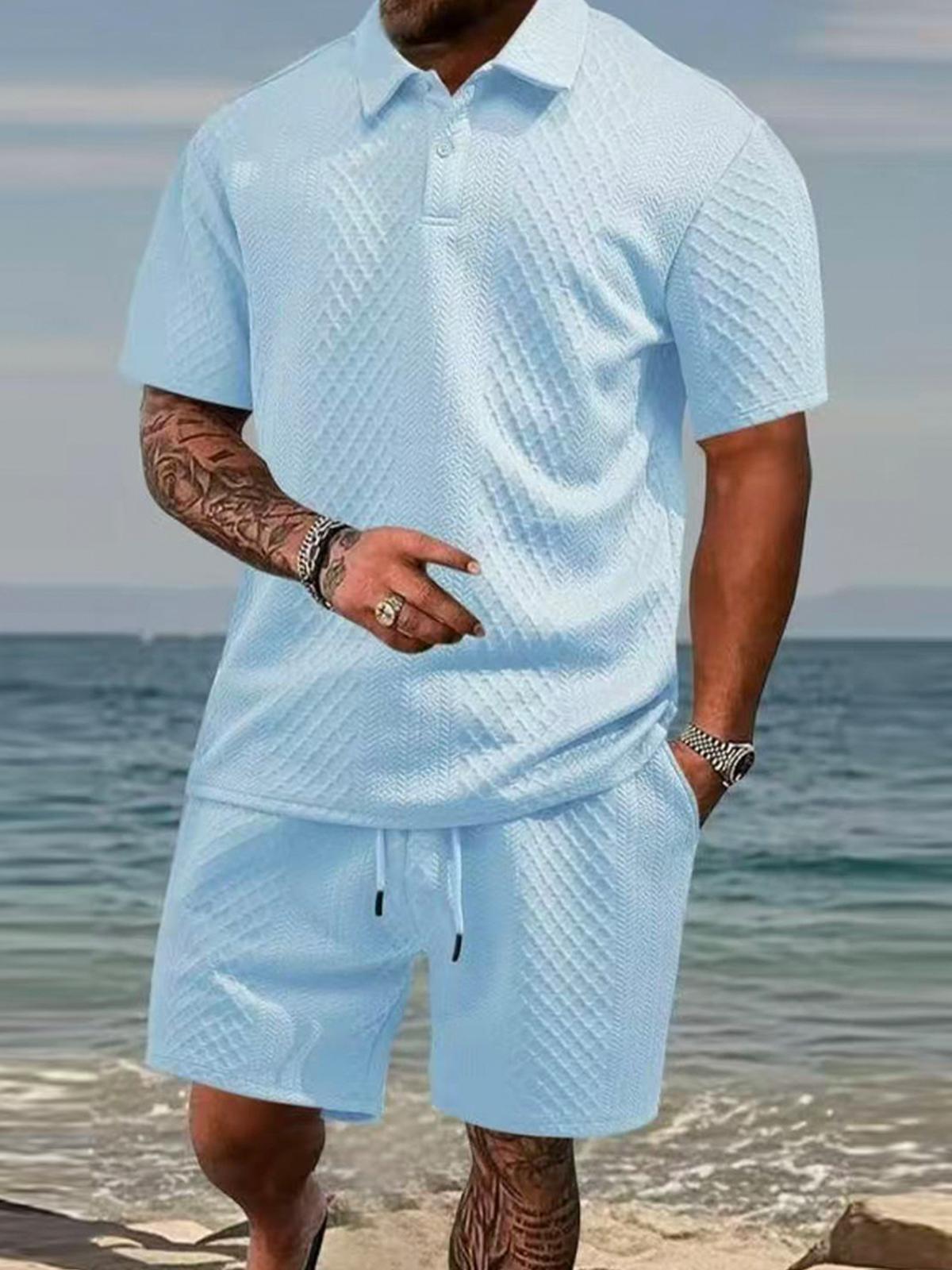 Men's summer casual texture fabric solid color polo shirt T-shirt shorts 2-piece set, loose fit suitable for casual sports, breathable and cool, essential summer outfit, comfortable and versatile  Menswear Plain