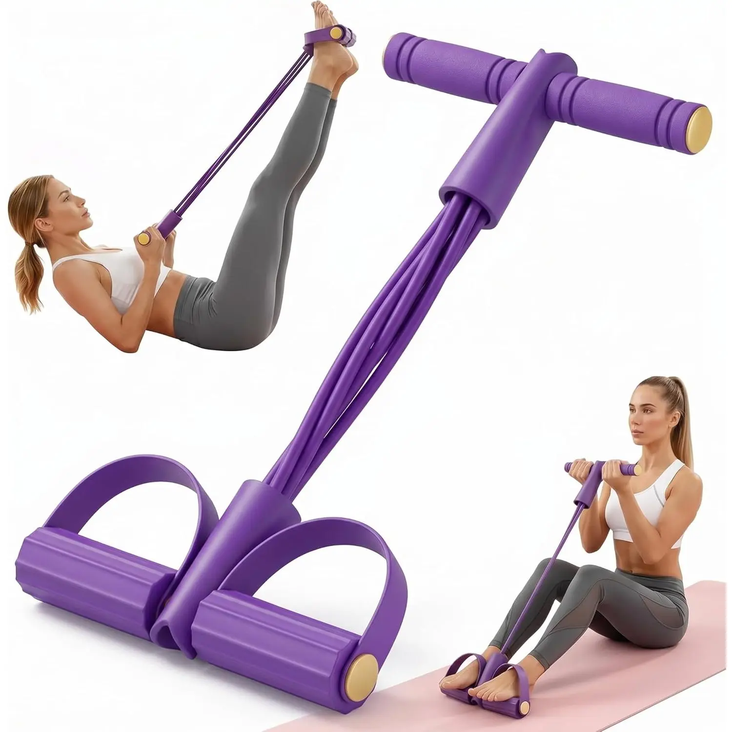 8-Tube Pedal Resistance Band with Handle, Foot Pedal Resistance Band, Versatile Manual Tension Training Pedal for Home Workouts, Targets Legs, Back, Arms, Core (Purple)