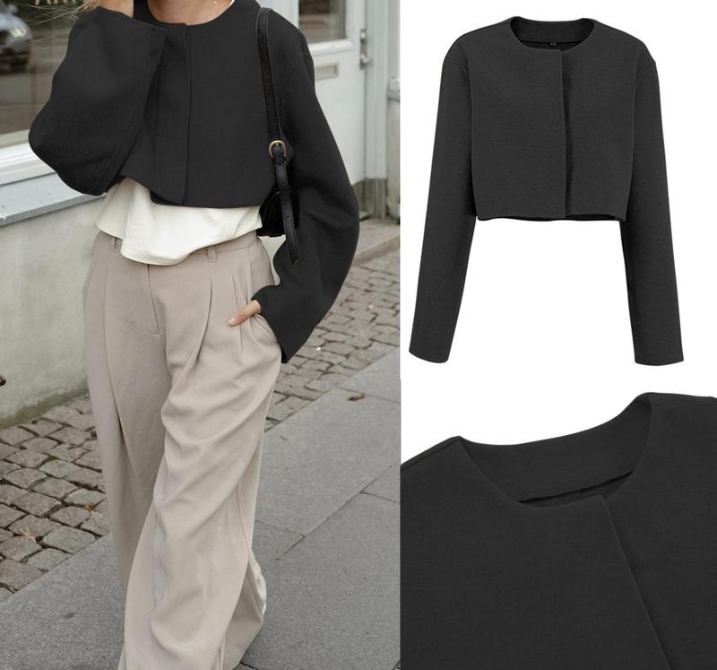 Women's Cropped Wool Blend Pea Coat Short Jacket Peacoat Long Sleeve Button-Down Crop Jacket