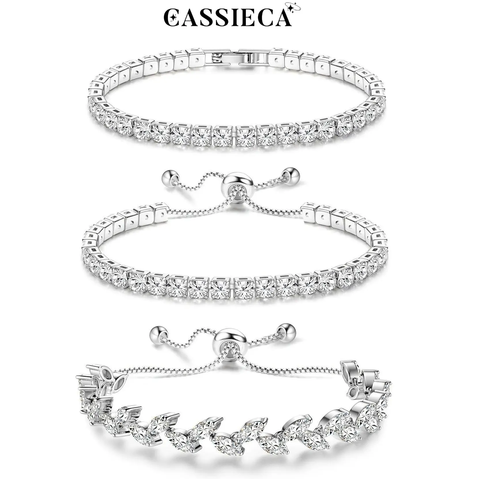 CASSIECA 3pc Tennis Bracelets For Women Silver Plated Bracelet Stack Cubic Zirconia CZ Adjustable Stackable Bracelets Set For Prom Wedding Jewelry Gift 3Pc Summervibes