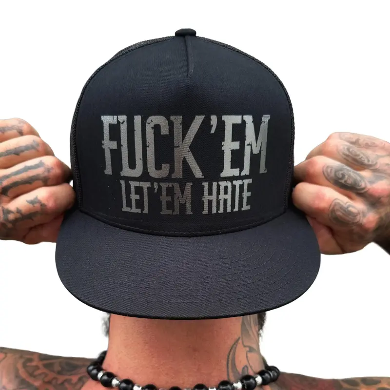 The Drive Clothing 'LET EM HATE' Electric Black Flat Bill Snapback Hat - Adjustable Cap, Mesh Back, Slogan Statement, Streetwear Style, Unisex Fit, Everyday Comfort, Beach Use, Christmas Accessory, Auspicious Adult Fashion Hat