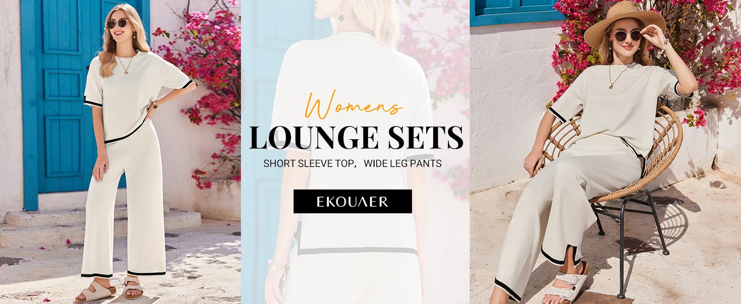 Ekouaer Women's 2-Piece Knit Pajama Set - Short Sleeve Top, Wide Leg Pants with Pockets, Elegant Soft Comfortable Fashion Loungewear