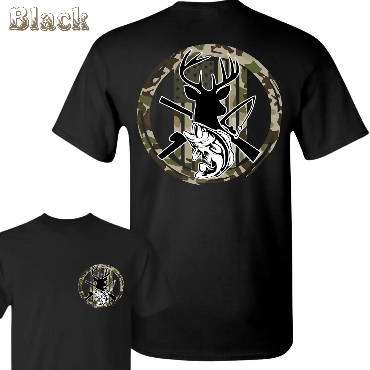 180g[100%cotton]Outdoorsman T-Shirt - Deer , Fish , Knife And Rifle Graphic With Camouflage USA Flag Circle , For Hunting And Fishing Fans , Patriotic Outdoor Wear , Unisex Tee , Lightweight , Casual Style Crewneck Menswear Cotton