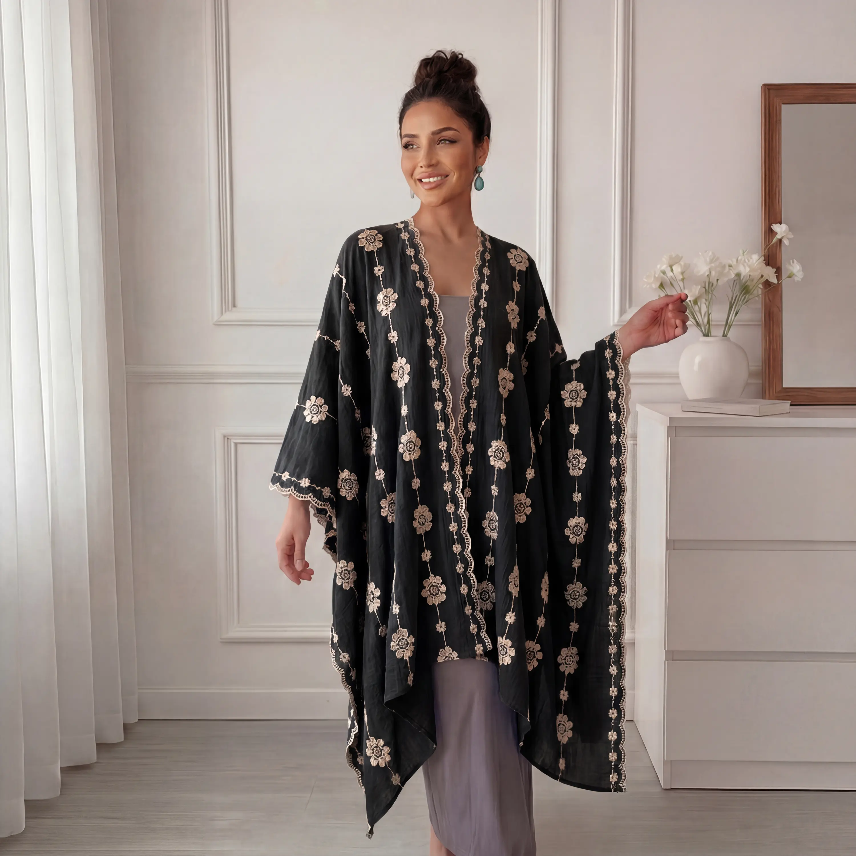 Floral Embroidered Lace Kimono | Loose Open Front Cover Up Boho Long Cardigan Muslim Outer Robe