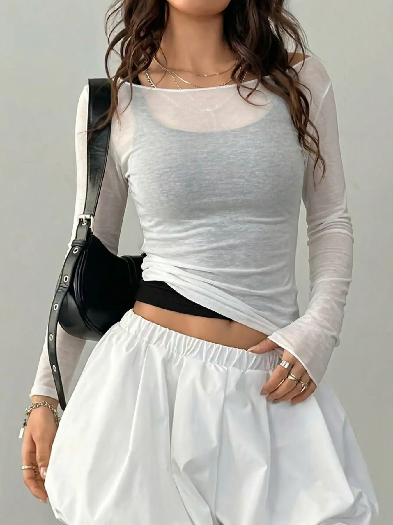 Women's Sheer Mesh Boat Neck Long Sleeve Top, Y2K Aesthetic Streetwear, Lightweight See Through Layering Tee, Slim Fit Stretchy Top for Summer Going Out, Daily Lounge, Fitness & Date Night, 2026 Trendy Women's Casual Clubwear & Basic Outfit