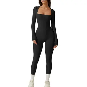 Womens Sexy Square Neck Long Sleeve Full Length Leggings Bodycon Stretch Jumpsuit[Hot] gift1