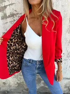 A Stylish Women'S Blazer with a Easy European Design, Featuring a Leopard Print Lining, Faux Pocket Design, Comfortable Fabric, And an Elegant Look, Making It a Must-Have for Daily Commutes