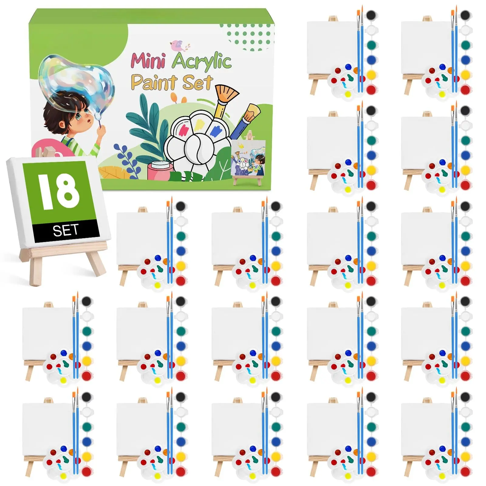 18 Set Mini Acrylic Paint Kit, Minis Stretched Canvas with Easel, Acrylic Paint Strips, Palettes, Painting Brushes, Mini Canvas and Easel Set for Kids Artists Beginner, Gifts