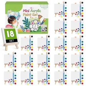 18 Set Mini Acrylic Paint Kit, Minis Stretched Canvas with Easel, Acrylic Paint Strips, Palettes, Painting Brushes, Mini Canvas and Easel Set for Kids Artists Beginner, Gifts