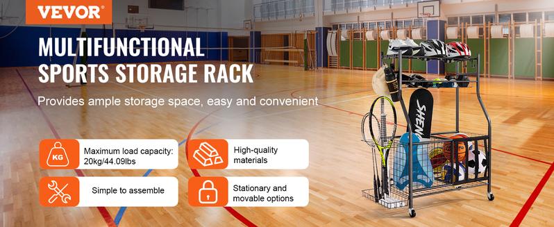 VEVOR Ball Sports Equipment  Garage Organizer, TikTokShopBlackFriday, Rolling Ball Storage Cart on Wheels, Basketball Rack with Baskets & Hooks, Indoor/Outdoor Sports Gear and Toys Storage, Steel Sports Equipment Organizer