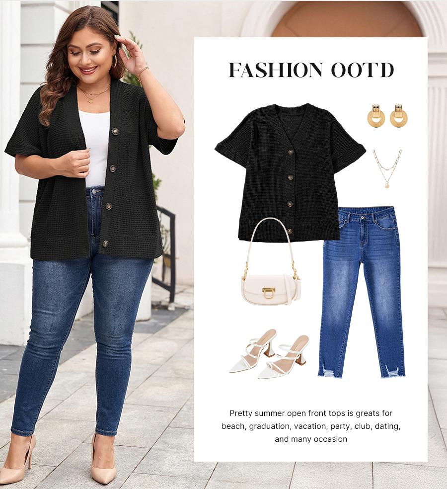 Eytino Womens Plus Size Tops Casual V Neck Short Sleeve Waffle Knit Button Down Shirts(1X-5X)