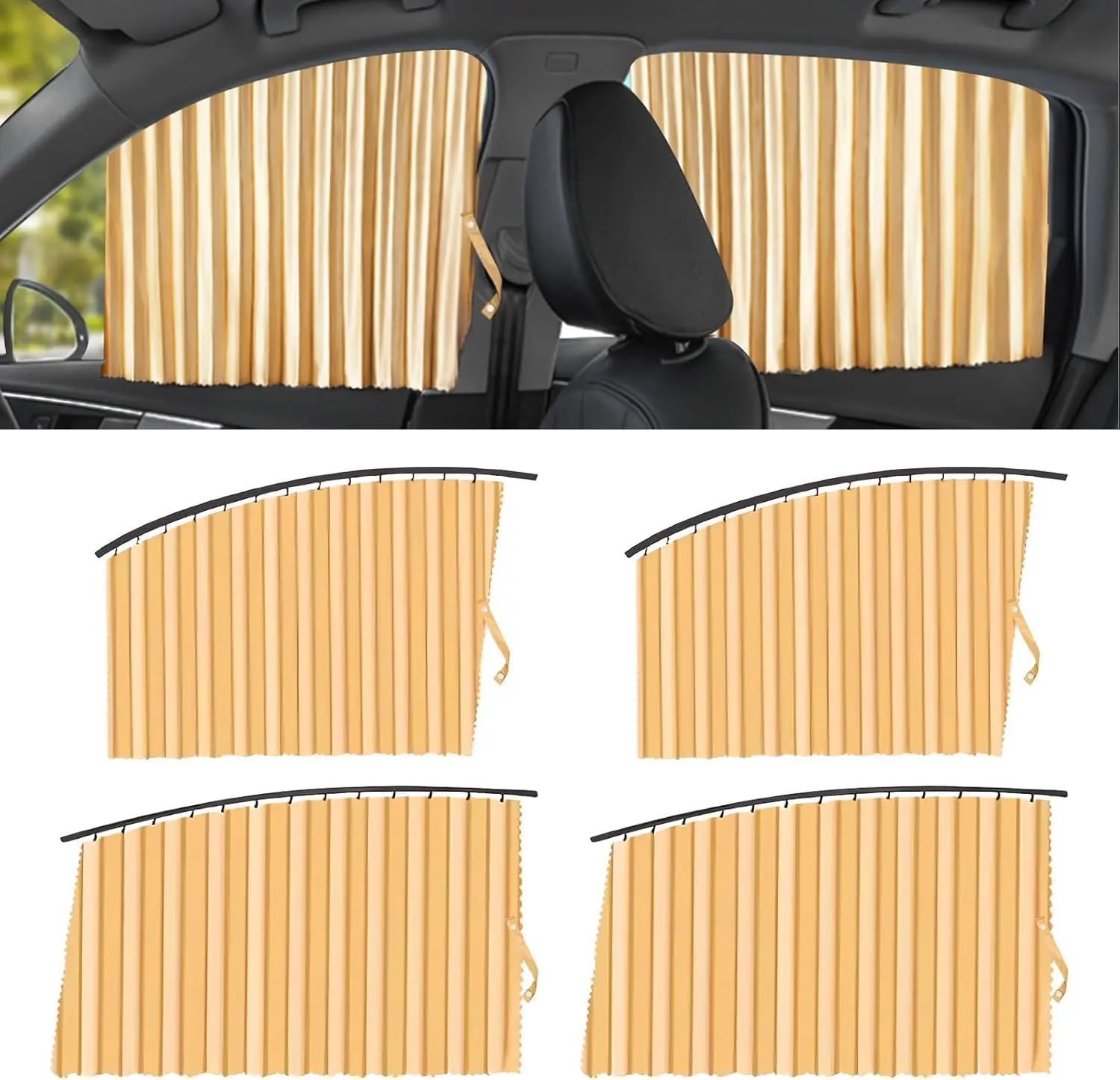 4-Pack Upgraded Magnetic Car Side Window Sunshades, Slide Rail Design Blackout Privacy Curtains with Straps, Light-Blocking Gold-Black Blinds for Cars’ Sleeping & Camping