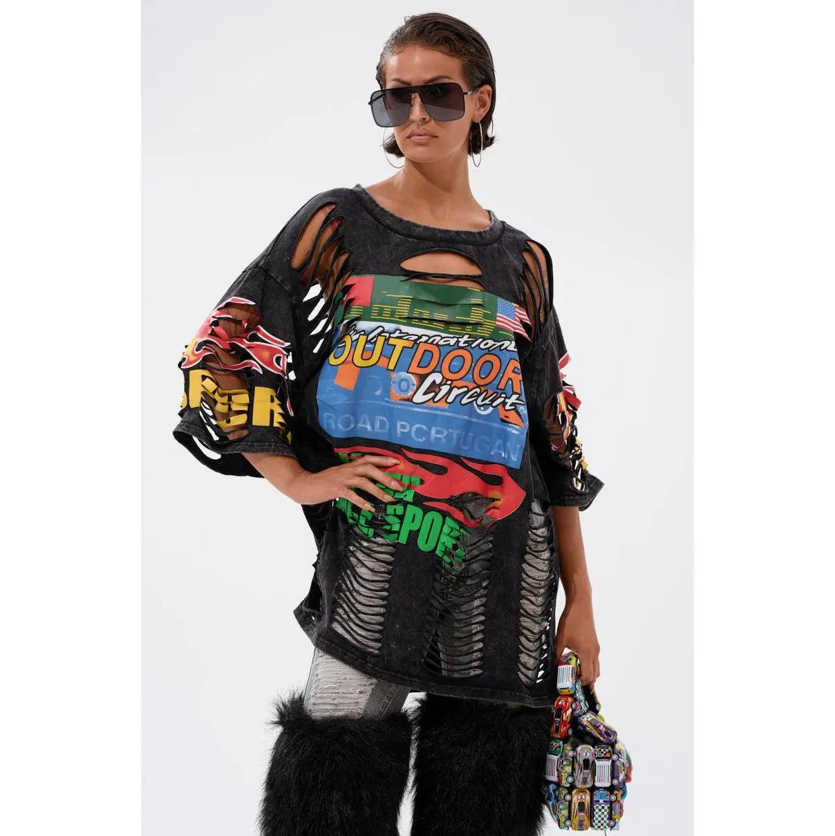 OFF TO THE RACES DISTRESSED OVERSIZED TEE
