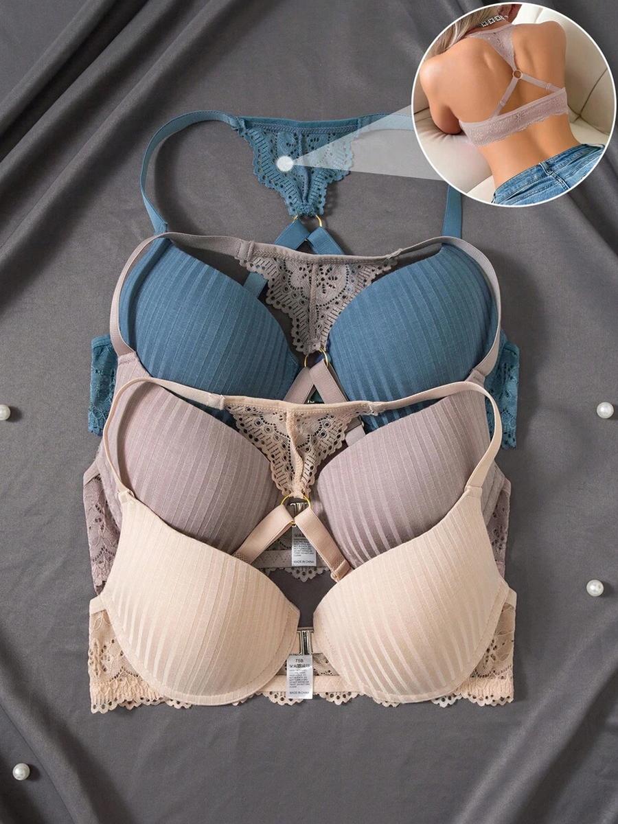 3pcs Front Closure Lace Patchwork Bras for Women Underwire Push-Up Anti-Sagging Sexy Back Design Basic Elegance Minimalist Style