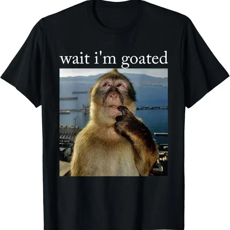 Nova Men's 100% Cotton Casual Short-Sleeve Round Neck T-Shirt - Animal Tee, "Wait I'm Goated" Funny Tshirt Meme Monkey Graphic, Arms-Free Design, Streetwear Sports Top, Valentine's Day Gift