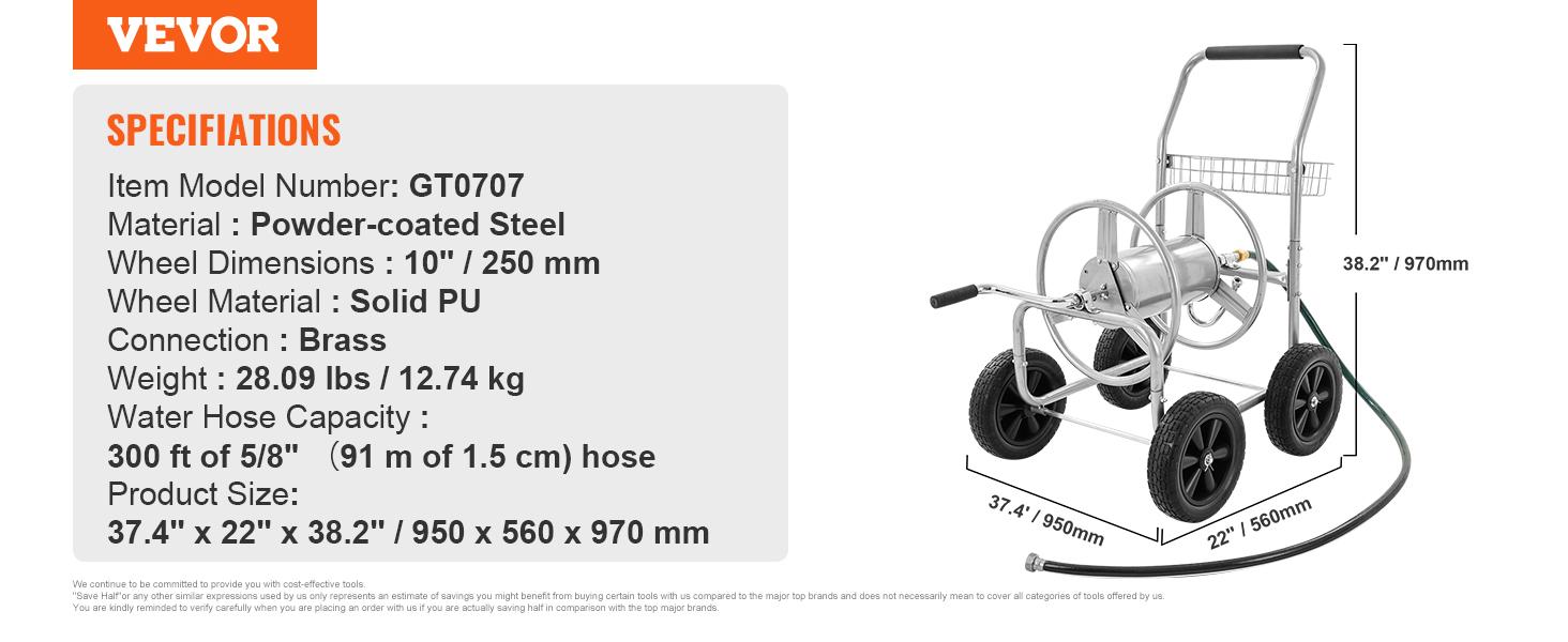 VEVOR Hose Reel Cart for Garden Watering with Storage Basket, TikTokShopBlackFriday, Mobile Tools and 4 Wheels, Heavy Duty Powder-coated Steel, 300 ft Capacity