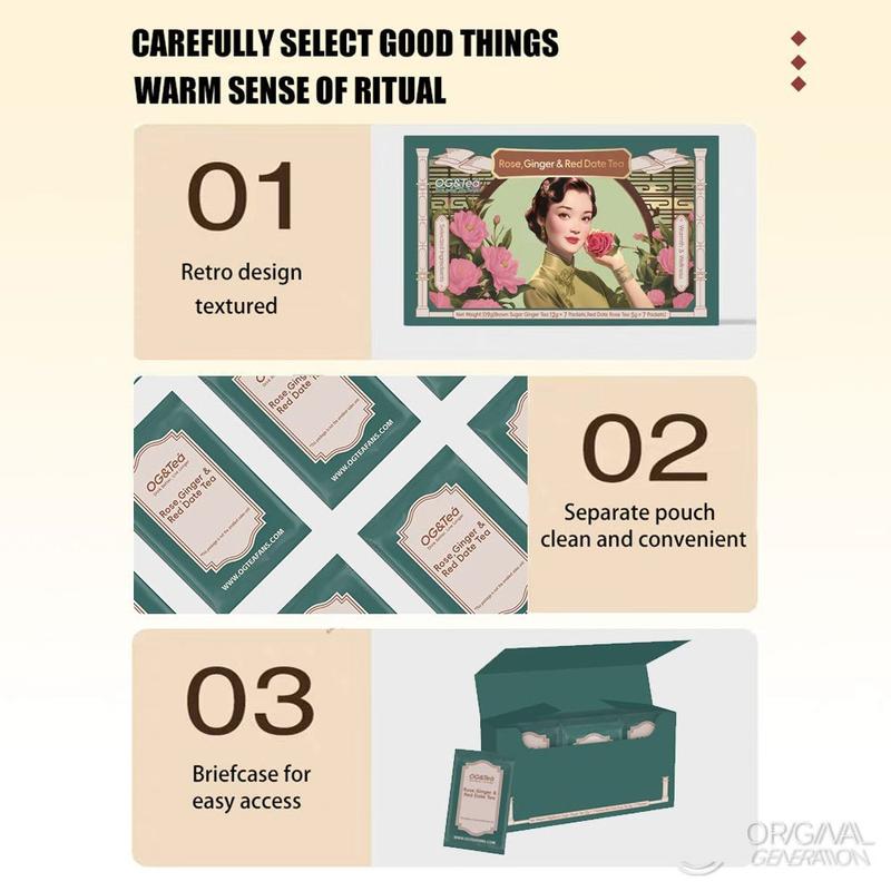 BOGO Period Tea Rose Red Date Brown Sugar And Ginger Tea 2Cartons (1Carton 119g 17g×7packs)×2 Caffeine Free With Free Titanium Thermos With Red Date, Brown Sugar, Goji Berry, Rose, Bamboo And Ginger
