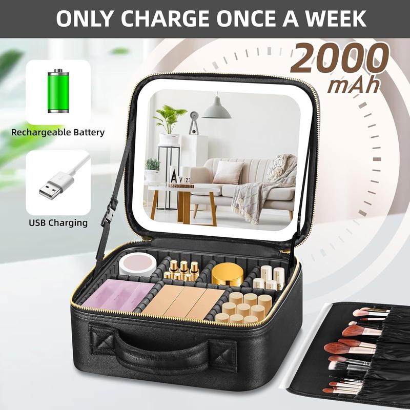 Travel Makeup Bag With LED Mirror, Cosmetic Train Case with Light up Mirror, Portable Makeup Artist Organizer Bag with Adjustable Dividers
