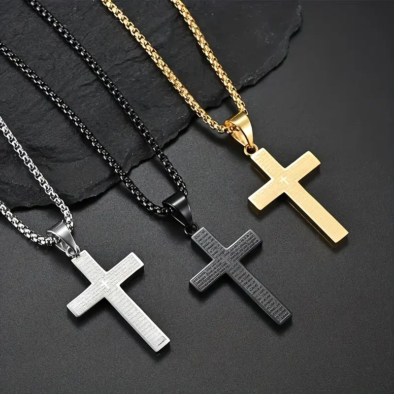 1-Pack Multicolor-Quality Hypoallergenic 304 Stainless Steel Engraved Cross Pendant Necklace for Men,