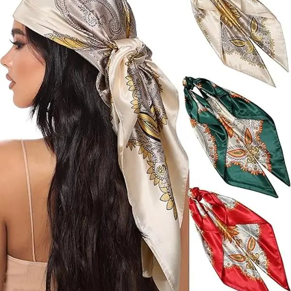 2/3/4 Pack 27.5/35.4 Inch Printed Scarves Silk Feeling Square Head Scarf Women Hair Bandanas Fashion Accessories