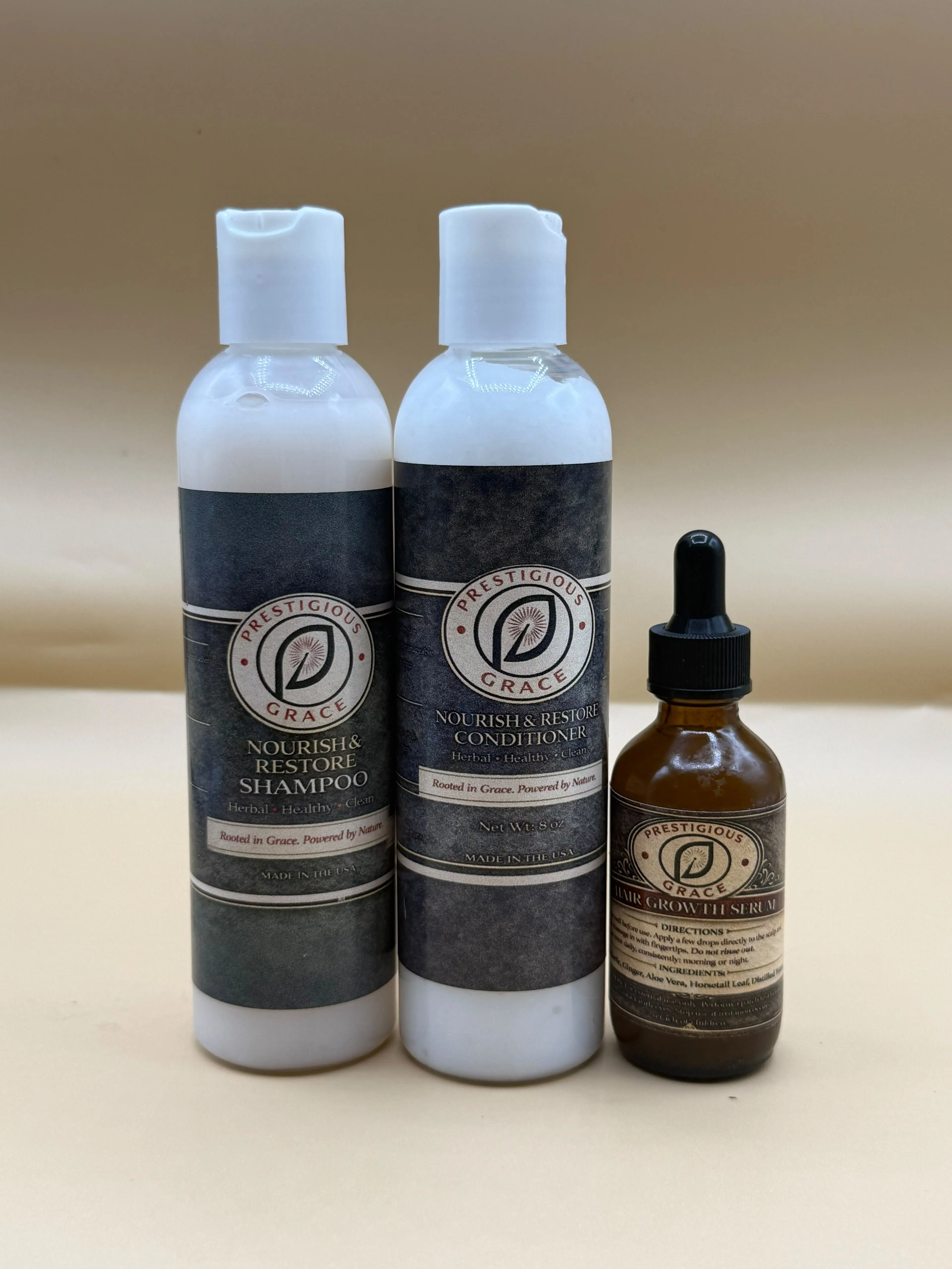 Prestigious Grace Nourish & Restore Hair Care Trio includes Shampoo, Conditioner, and Hair Growth Serum