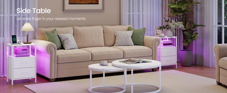 SONGMICS BELLAH Collection - Nightstand with Charging Station and App-Controlled Adjustable LED Lights, Bed Side Table, Bedroom