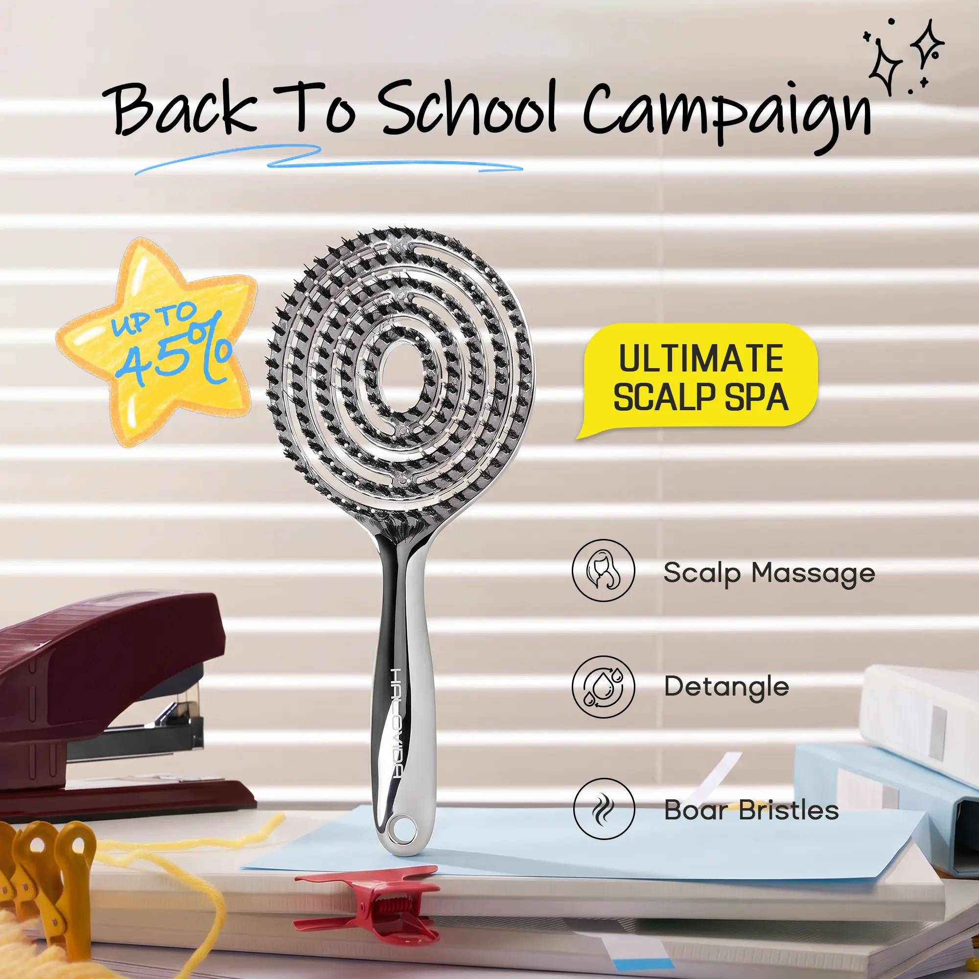 HALOVIDA Hollow Round Bristle Brush - Anti-Static Massage Brush for Enhanced Volume & Scalp Care,Pain-Free,Reduces Heat Damage, Ideal for Quick Drying and Voluminous Styling,Pure,Boar bristle brush, Use in Wet and Dry Hair, #backtoschool
