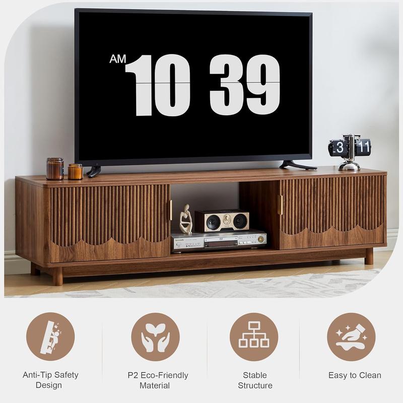 Giratree 62.2" Mid-Century Modern TV Stand, Curved Wooden Media Console with Slatted Storage Doors for 50–70 Inch TVs