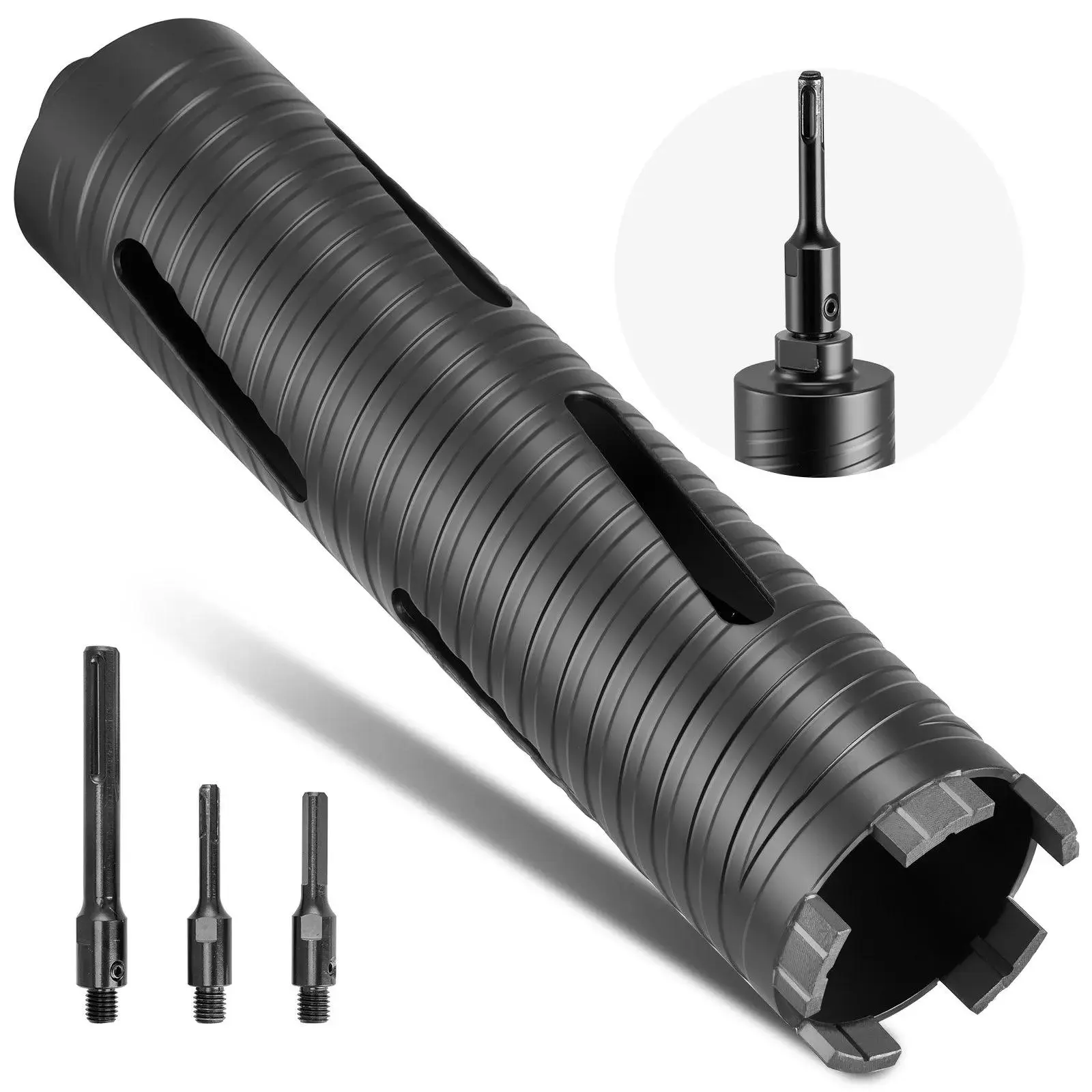 【summerfinds】VEVOR Core Drill Bit, 2-1/2 inch Diameter, 9-1/2 inch Drilling Depth, 5/8-11 Internal Thread, Diamond Dry Coring Bit with 3 Adapters, Pilot Drill and Hex Wrench, for Concrete, Red Bricks, and Masonry