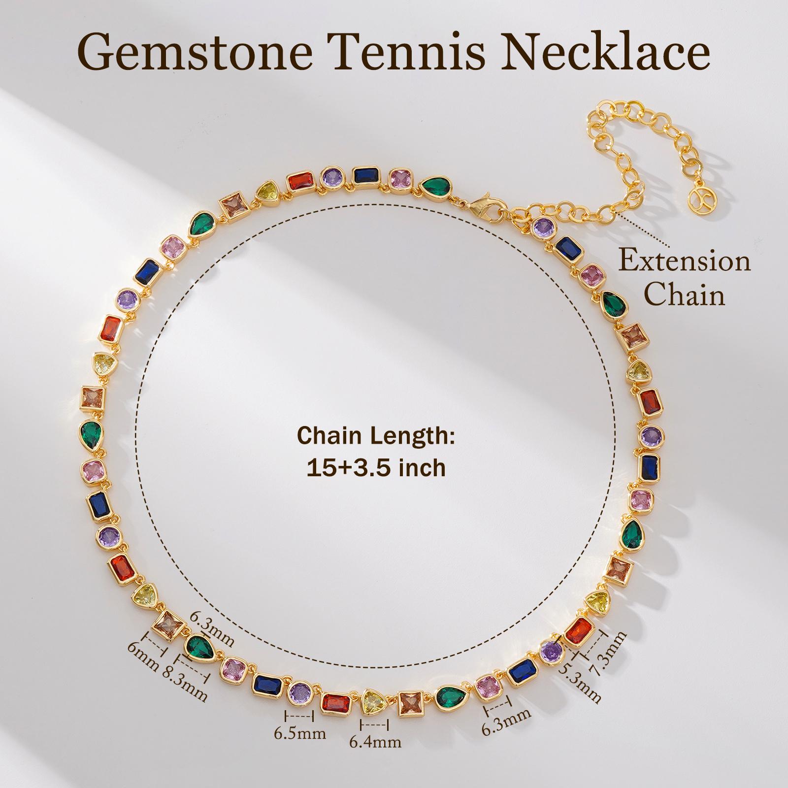 Turandoss 14K Gold Plated Rainbow Tennis Necklace - Unisex Colorful CZ & Emerald Gemstone Chain - 15+3.5” Adjustable Choker - Perfect Birthday Gift for Him & Her