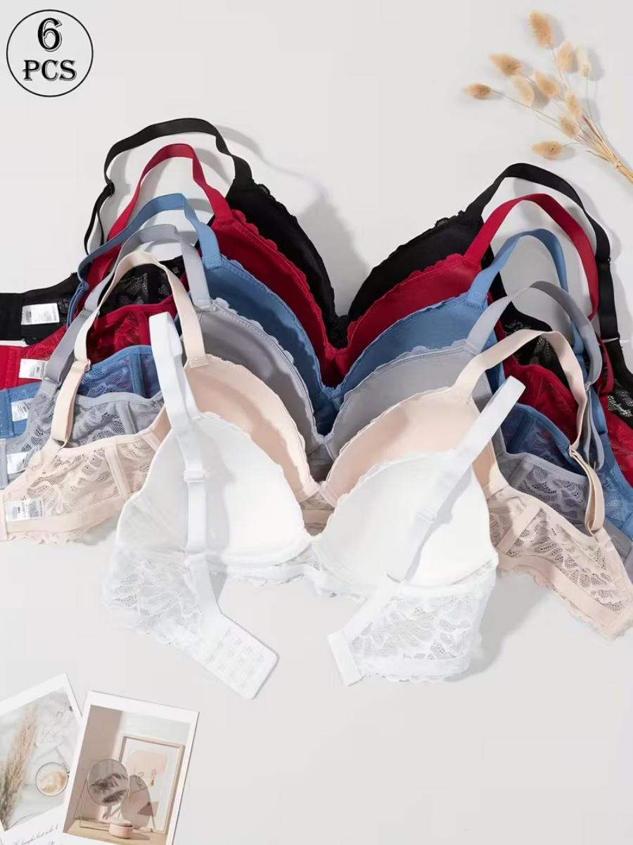 6pcs Stylish Lace-Up Push-Up Bras with Underwire - Non-Slip, Gathered Design to Create a Flattering Figure, Adult Sizes, Assorted Colors (Black, Red, Blue, Gray, White), Everyday Comfort| Gathered Lingerie| Nonremovable Paddin 6pcs Stylish Lace-Up Push-Up Bras with Underwire - Non-Slip, Gathered Design to Create a Flattering Figure, Adult Sizes, Assorted Colors (Black, Red, Blue, Gray, White), Everyday Comfort| Gathered Lingerie| Nonremovable Paddin