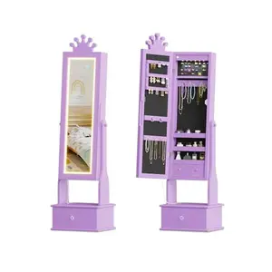 Kids Jewelry Armoire,Child Jewelry Cabinet with Led Light,Freestanding Jewelry Organizer with Full-Length Mirror,3 Storage Drawers,Kids Vanity Dress Up Mirror Cabinet for Girls（Purple）