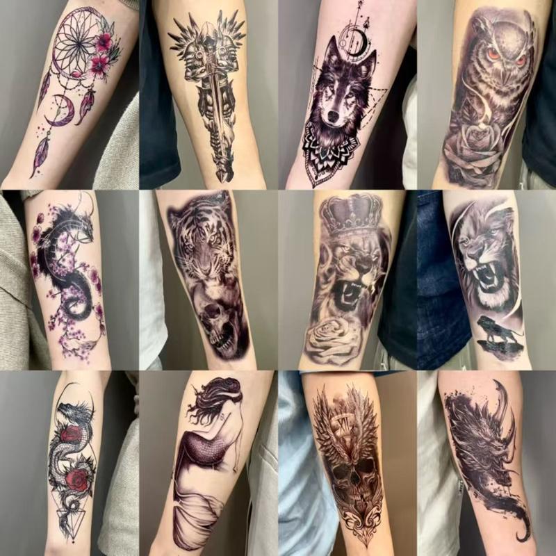 72 Sheets Temporary Tatoo 12 Large and 60 Medium-sized sheets Black Arm Temporary Tattoos For Men Forearm Women Thigh, Half Sleeve Animals Dragon Lion Tiger Wolf Dream Cather Temporary Tattoo Stickers Adults, Death Skull Compass Flower Fake Tattoos