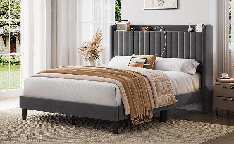 【USB Ports】Yaheetech Upholstered Bed Frame Full/Queen Velvet with Charging Ports, Storage Shelf, 800 lb Maximum Weight Capacity, No Box Spring Needed 【USB Ports】Yaheetech Upholstered Bed Frame Full/Queen Velvet with Charging Ports, Storage Shelf, 800 lb Maximum Weight Capacity, No Box Spring Needed