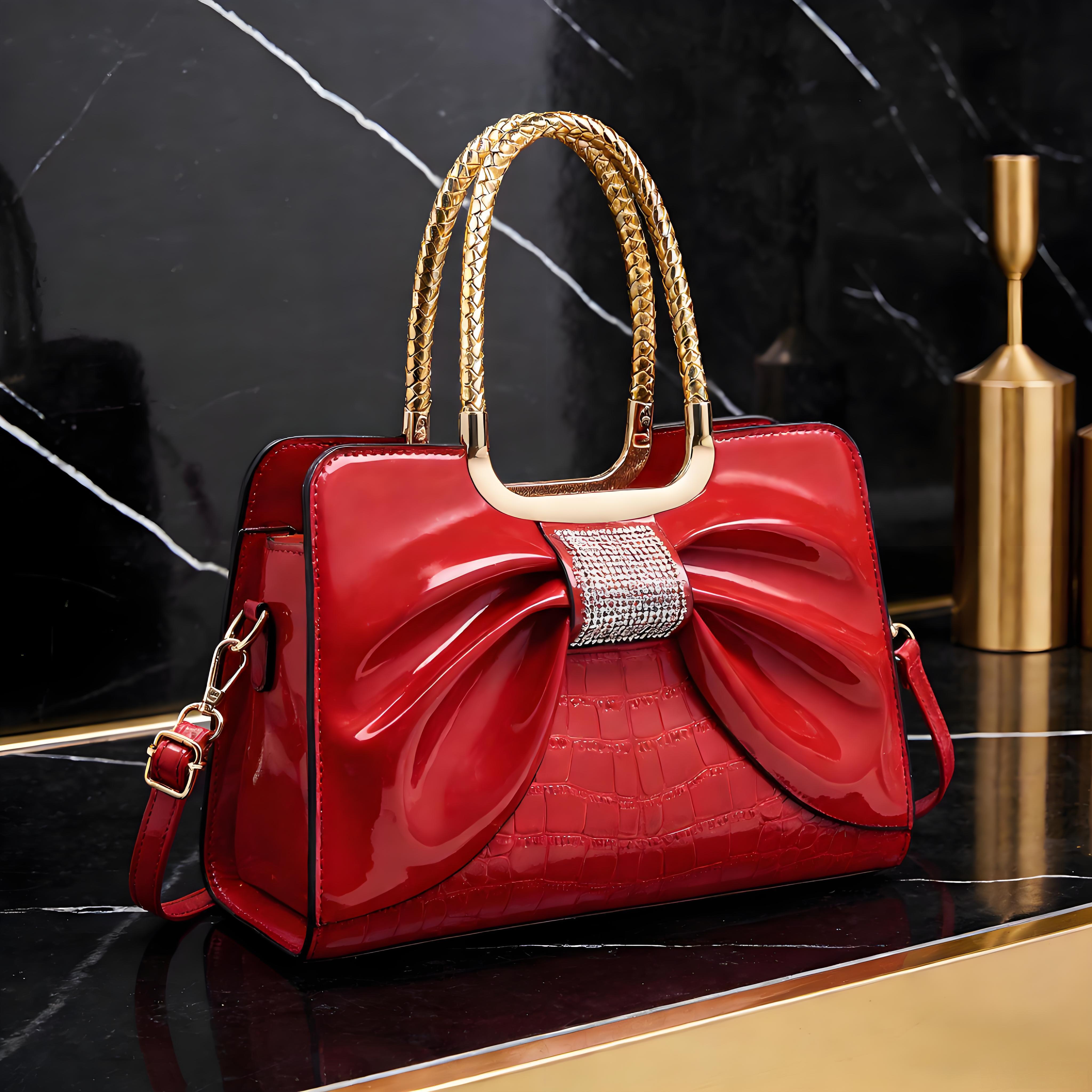 Elegant Temperament Women's Leather Bag-Crocodile Pattern & Bow Detail,3-In-1 Style (Shoulder + Simple Handbag + Classic Crossbody)