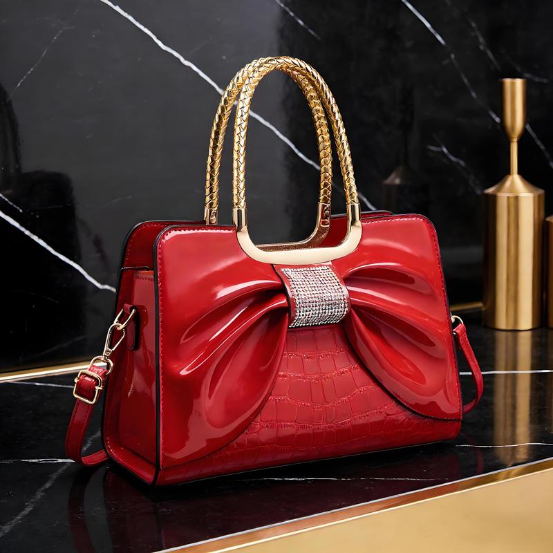 Elegant Temperament Women's Leather Bag-Crocodile Pattern & Bow Detail,3-In-1 Style (Shoulder + Simple Handbag + Classic Crossbody)