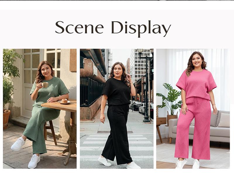 Eytino Womens Plus Size Sweatsuits Casual Short Sleeve Tops High Waist Wide Leg Pants 2 Piece Tracksuit Lounge Sets(1X-5X)