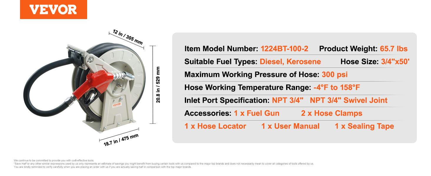 VEVOR Fuel Hose Reel, Summervibes,Extra Long Retractable Diesel Hose Reel, Heavy-Duty Carbon Steel Construction with Automatic Fuel Nozzle, NBR Rubber Hose for Aircraft Ship Vehicle Tank Truck, 300PSI