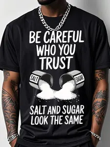 Men's Funny Gym T-Shirt With Salt & Sugar Trust Graphic Print - 200g Heavyweight Cotton Relaxed Fit Breathable Short Sleeve Crew Neck Casual & Workout Shirt For Summer - Salt Shaker Design Fitness Apparel For Salt Lovers (Machine Washable)
