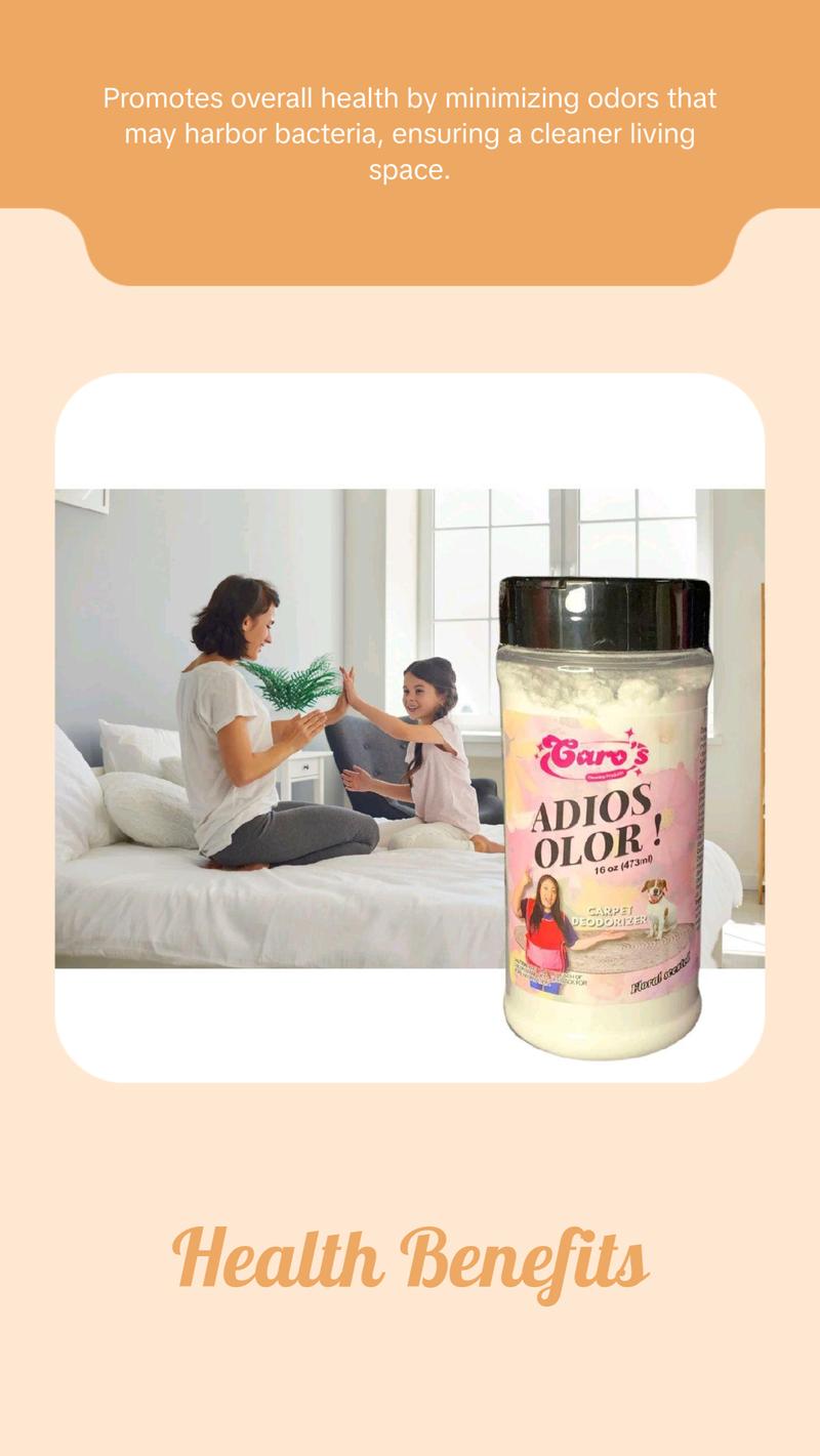 Caro's AdiosOlor Eliminator Odor Eliminator for Carpets - 16 oz Powder, Effective Odor Elimination, Bacteria Killer, Household Interior Cleaner