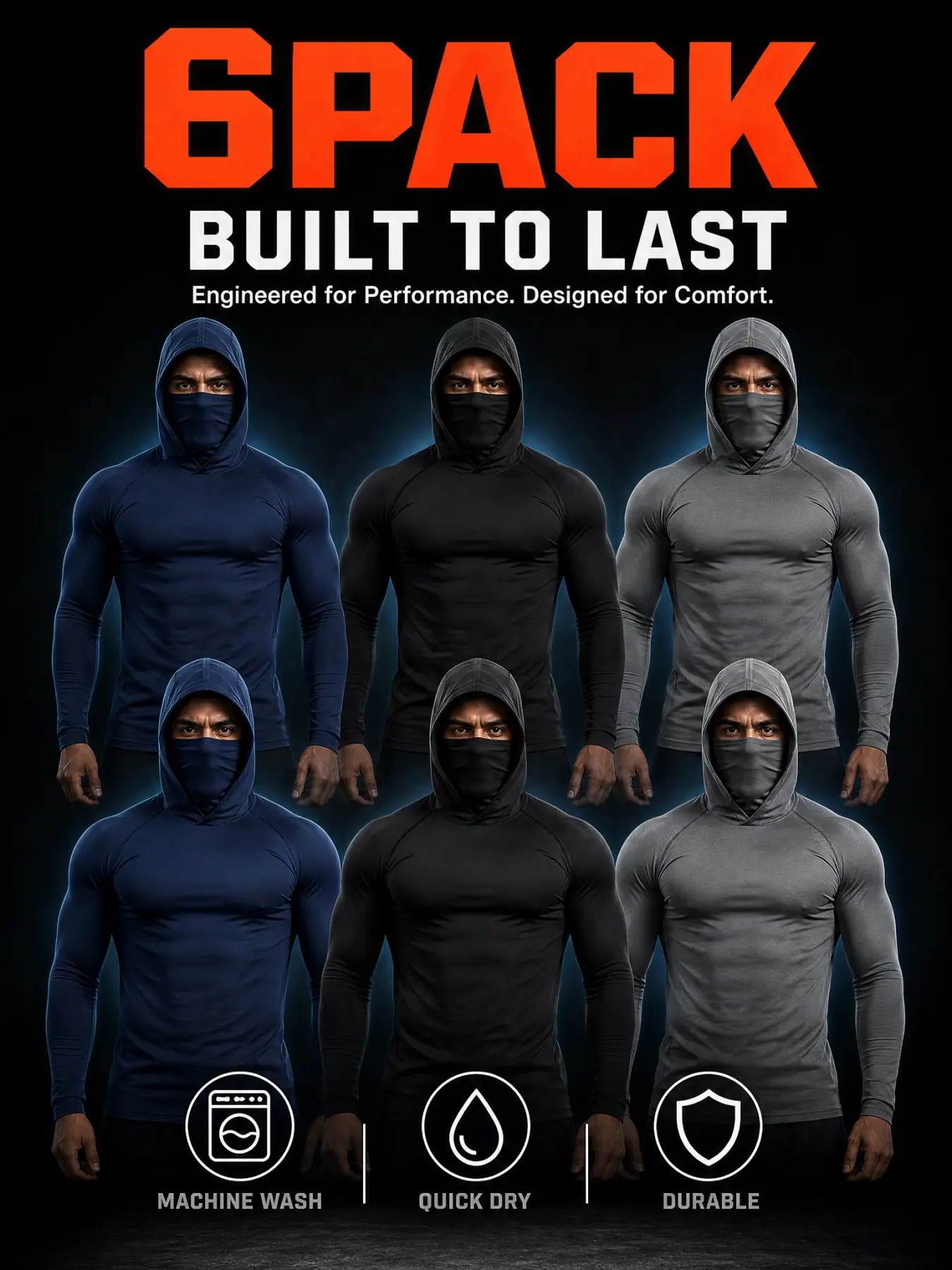 Men's 6-Pack Sports Compression Hoodie Shirts with Face Covering, Multi-Size Quick-Dry Breathable Long-Sleeve Wear-Resistant Base Layer Workout Tops for Gym, Jogging,clothes for back to school,first day of school outfits