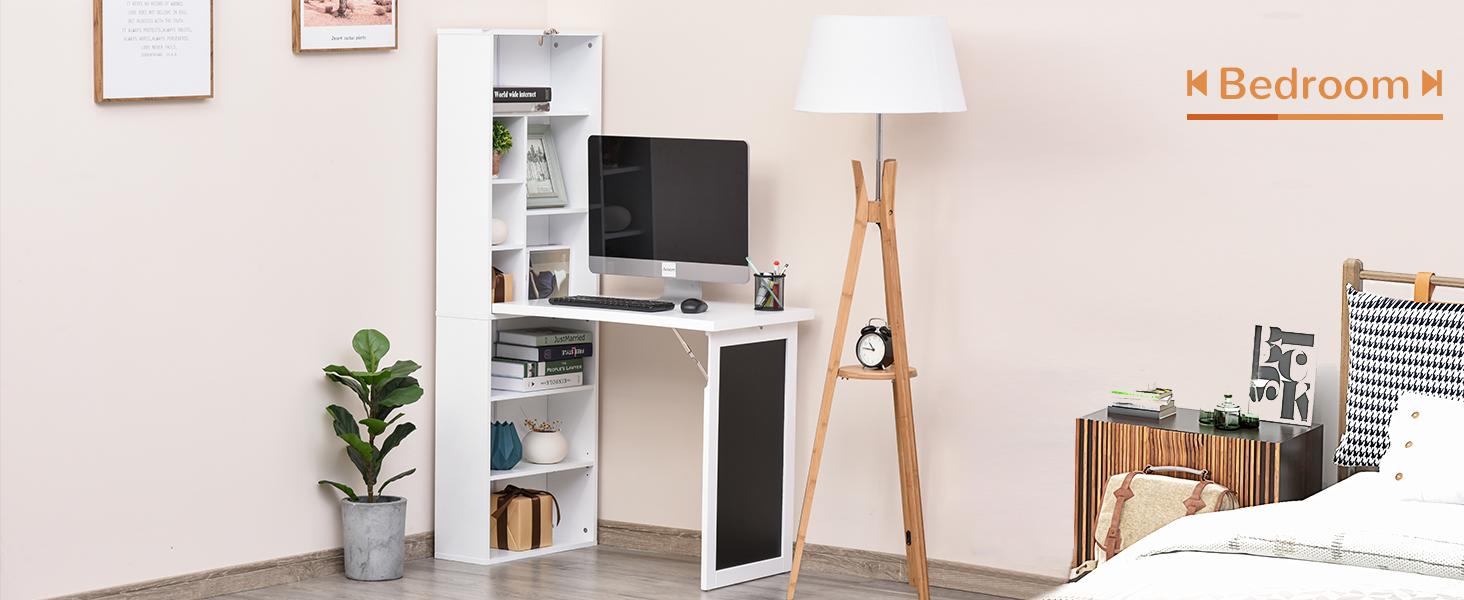 HOMCOM Fold-out Convertible Writing Table Wall Mount Desk Cabinet with Blackboard and Side Shelf Multi-Function Home Office Workstation
