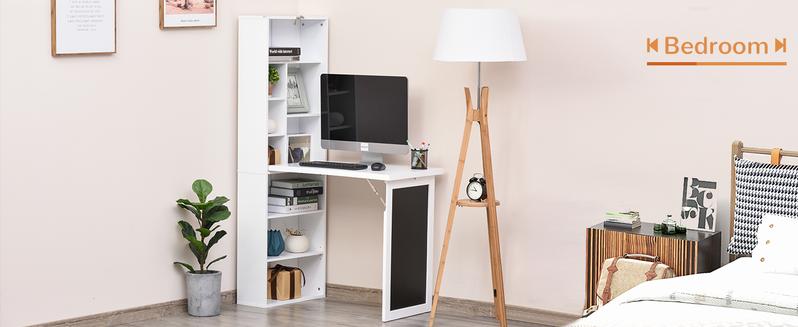 HOMCOM Fold-out Convertible Writing Table Wall Mount Desk Cabinet with Blackboard and Side Shelf Multi-Function Home Office Workstation