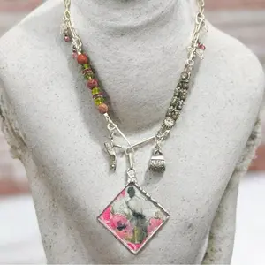 Tiny Canvas Mixed Media Lady Pendant w. Unakite & Pink Jasper Silver Necklace