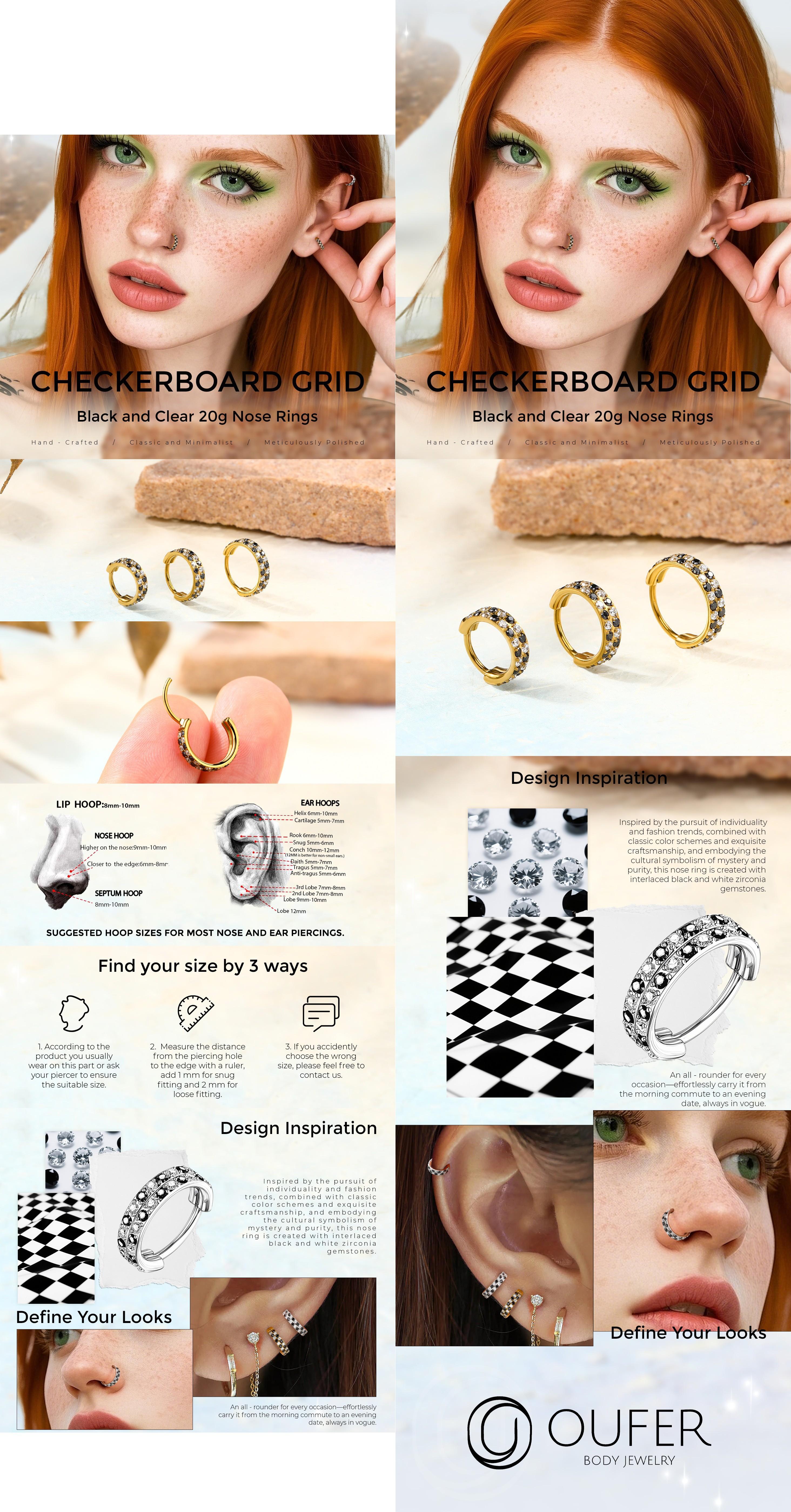 Oufer 20G Checkered AAAAA+ Grade CZ Hinged Segment Nostril Nose Ear Cartilage Piercing Hoop Ring 316L Stainless Steel