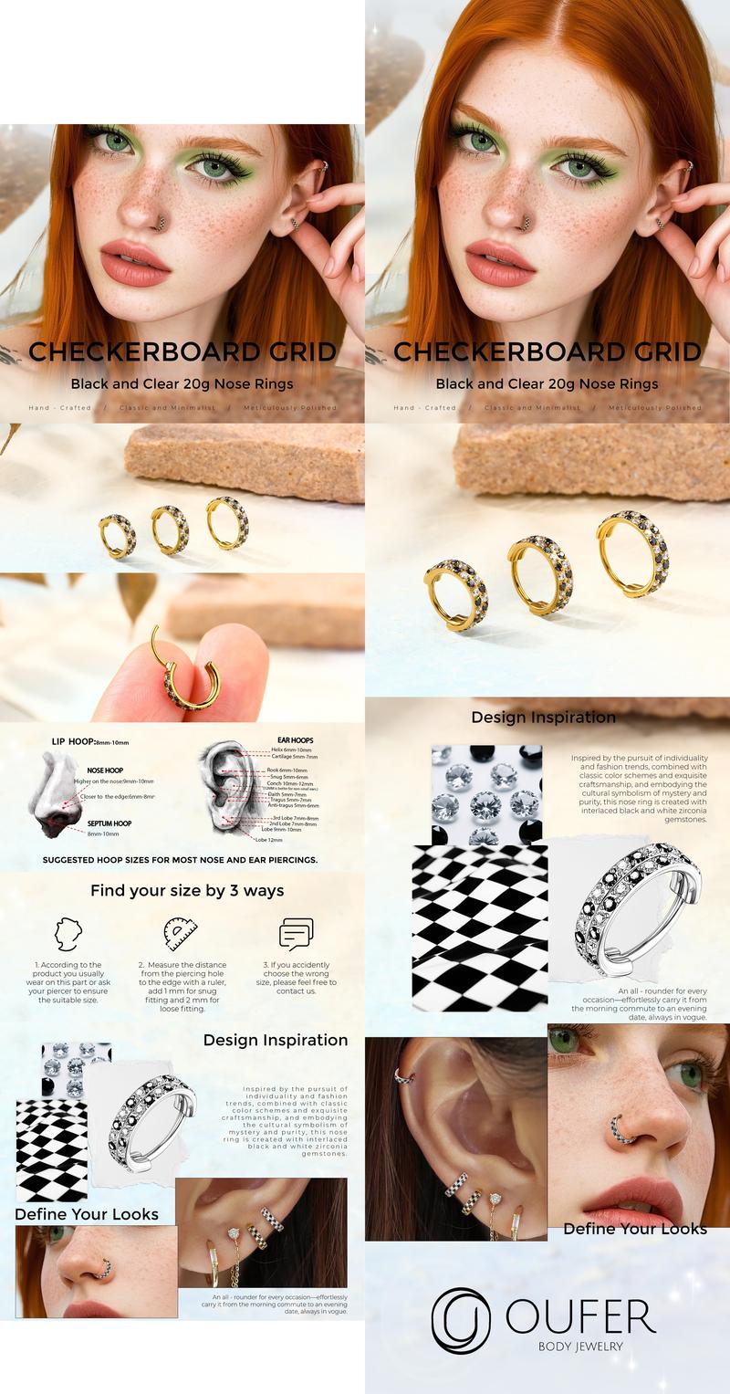 Oufer 20G Checkered AAAAA+ Grade CZ Hinged Segment Nostril Nose Ear Cartilage Piercing Hoop Ring 316L Stainless Steel